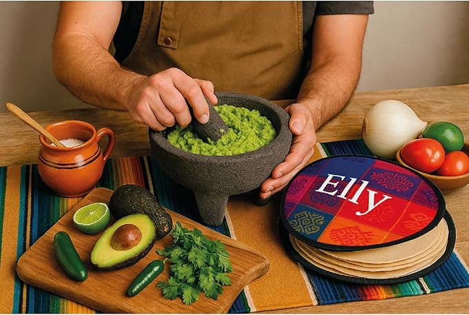 Elly Mexican Molcajete 8in, Handmade with Natural Volcanic Stone, Mortar and Pestle Set for Guacamole, Spices, Salsa, Pesto & More, Authentic Lava Rock, Includes Free Tortilla Warmer