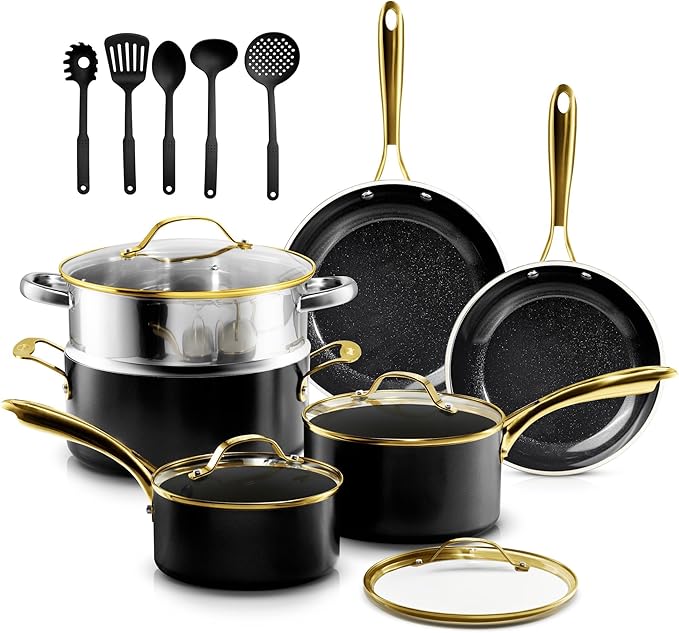 Gotham Steel 15 Pc Ceramic Cookware Set Nonstick, Ceramic Pots and Pans Set Non Stick with Steamer & Cooking Utensils, Non Toxic PFOA PFOS Free, Premium Stay Cool Handles, Oven & Dishwasher Safe