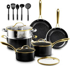 Gotham Steel 15 Pc Ceramic Cookware Set Nonstick, Ceramic Pots and Pans Set Non Stick with Steamer & Cooking Utensils, Non Toxic PFOA PFOS Free, Premium Stay Cool Handles, Oven & Dishwasher Safe