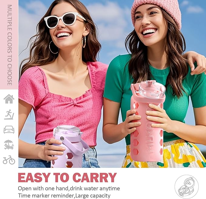 MUKOKO Half Gallon/64 oz Glass Water Bottles with Straw and Lid,Motivational Water Jug with Time Marker Reminder and Silicone Sleeve,100% Leakproof BPA Free Fitness Sports Large Bottle-Pink