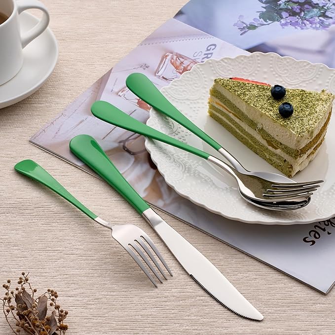20-Piece Green Silverware Set 18/0 Stainless Steel Silverware Set Green Handle Cutlery Set Service for 4 Dinner Knives Forks Spoons Set Flatware Set Finish Dishwasher Safe…