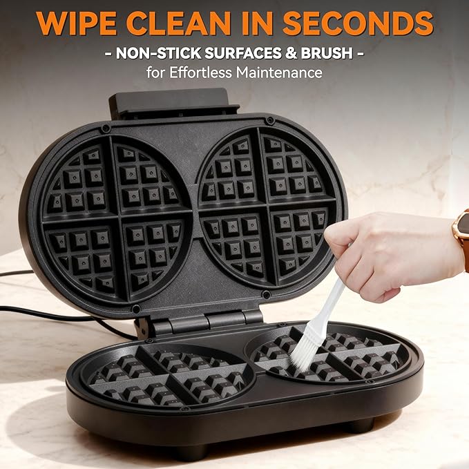 Baker’s Friend Double Belgian Waffle Maker Thick, 2 X 6” Round Waffle Maker, Belgium Waffle Iron, Waflera Electrica with Non-stick Plates, 1200W, Perfect for Kids & Family Breakfast, Graphite