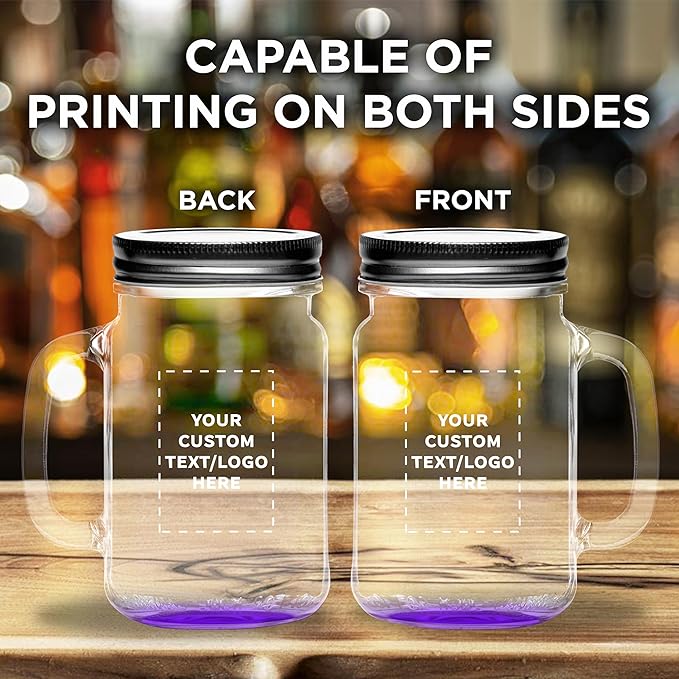 DISCOUNT PROMOS Custom Libbey Handle Mason Jars w/Lids 16 oz. Set of 10, Personalized Bulk Pack - Traditional style, High standard - Purple