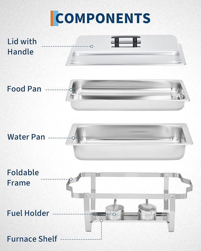 Garvee Chafing Dishes for Buffet Set of 2, 8QT Buffet Servers and Warmers Set with Lid & Foldable Frame, Rectangular Stainless Steel Chafer Food Warmer for Parties Wedding Catering Supplies, Silver