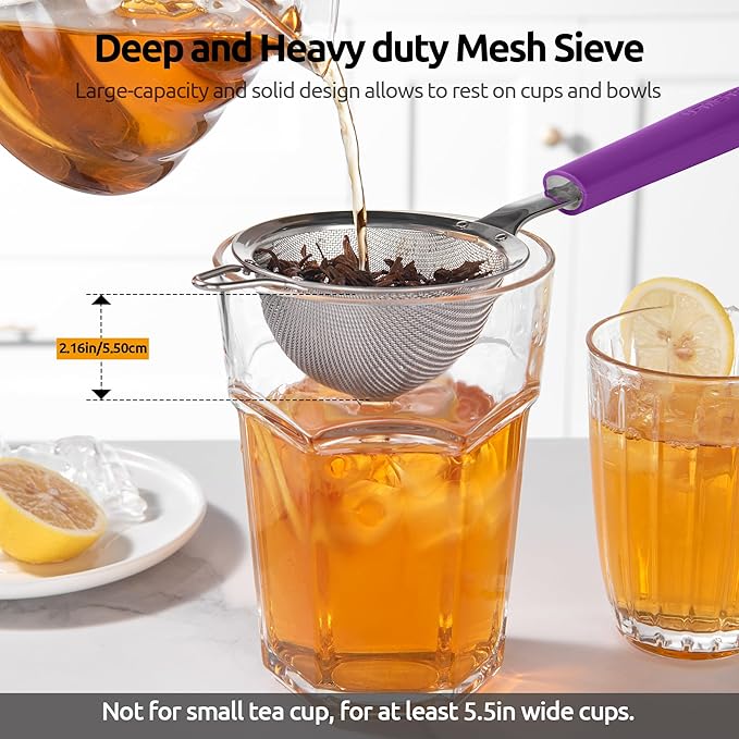 U-Taste Small Fine Mesh Strainer: 18/8 Stainless Steel 3.35in 30 Mesh Kitchen Food Sieve with Sturdy Riveted Silicone Handle, Heavy Duty Deep Handheld Metal Colander for Tea, Juice (Purple)
