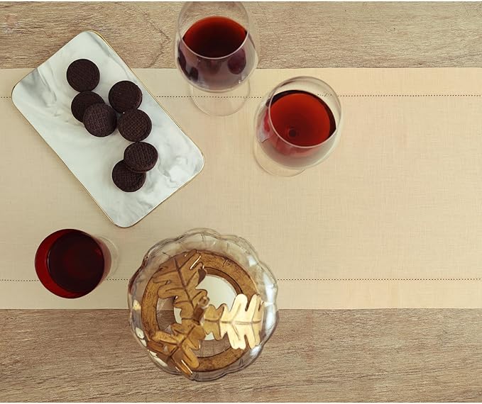 Solino Home Linen Beige Table Runner 120 Inches Long - 100% Pure Linen 14 x 120 Inch Table Runner for Summer, Fall, Autumn - Classic Hemstitch