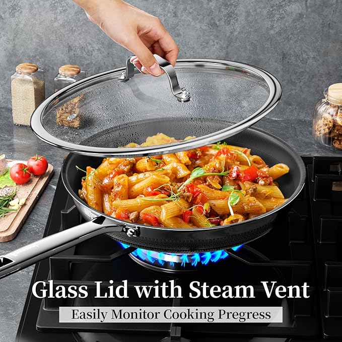 Innerwell Nonstick Ceramic Frying Pan Set,8inch&9.5inch&11inch Stainless Steel Frying Pan Skillet W/Glass Lid,Titanium Ceramic Omelet Pans,Kitchen Cooking Pan Set, Compatible W/All Cooktops