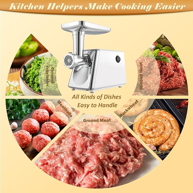 Electric Meat Grinder, Multifunctional Stainless Steel Meat Grinders, 3-Second Fast Meat Grinding with 5 Grinding Plates, 2 Stainless Steel Cutting Blades, 1 Sausage Maker and Kubbe Kit for Kitchen