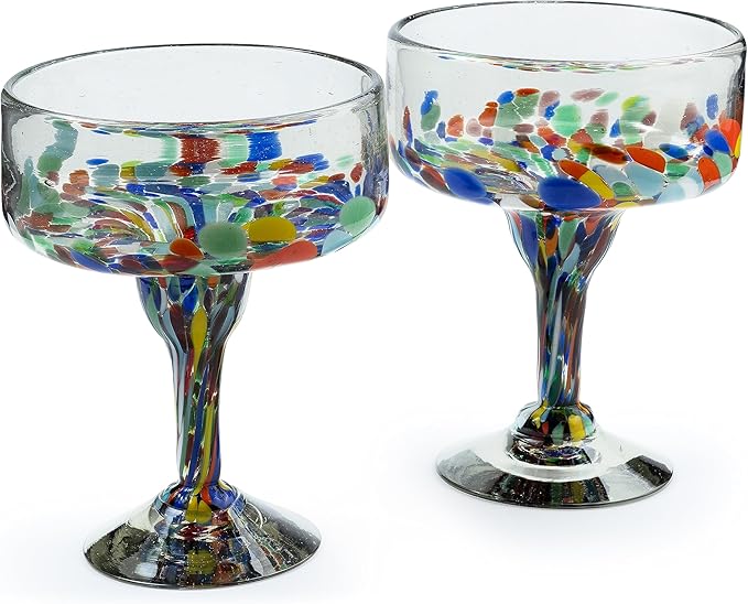16 oz Hand Blown Mexican Margarita Glasses Set of 2 - Confetti