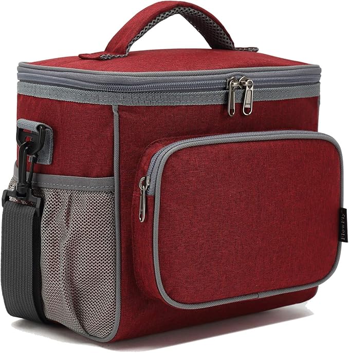 FlowFly Insulated Reusable Lunch Bag Adult Large Lunch Box for Women and Men with Adjustable Shoulder Strap,Front Zipper Pocket and Dual Large Mesh Side Pockets,Red