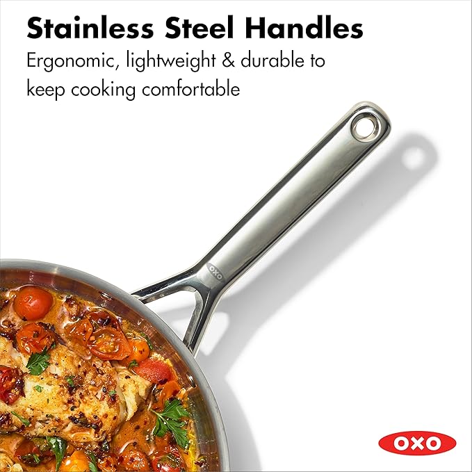 OXO 13 Piece Stainless Steel Cookware Set, Tri-Ply Multiclad Pots & Pans, PFAS-Free Ceramic Nonstick Coated Frying Pans, Induction Compatible, Dishwasher & Oven Safe, Sauce, Stock, Saute, Silver