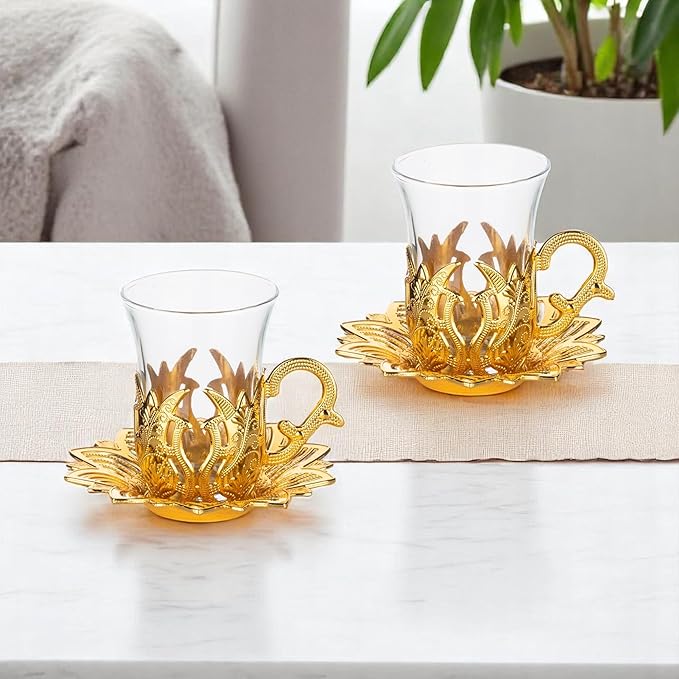Alisveristime (Set of 2 Turkish Tea Set with Zamac Holders, Glass Cups, and Saucers – Ahsen Ottoman Design, 100ml Capacity, Available in Gold or Silver Color (Gold)