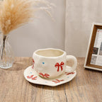 Koythin Ceramic Coffee Mug with Saucer Set, Cute Red Big Bow Cup Unique for Office and Home, 10 oz/300 ml for Latte Tea Milk