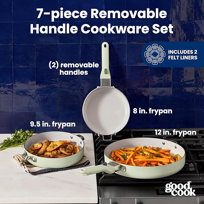 GoodCook Ceramic Cookware Set 7-Piece with Removable Handles, Induction Compatible Fry Pans, Nonstick and Oven Safe, Sage Green