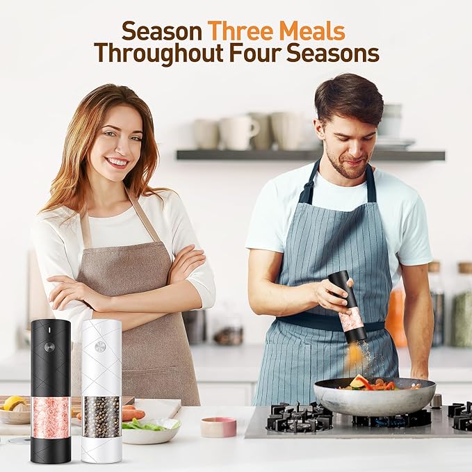 Electric Salt and Pepper Grinder Set, Rechargeable Automatic Pepper Mill Grinder with LED Light, Adjustable Coarseness shakers, One-Hand Operation for Kitchen(2 Pack, Upgrade Black+Black)