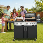 MELLCOM 3 IN 1 Pizza Griddle Grill Combo, 74,000 BTU 5 Burner Stainless Steel Propane Gas Grill with Side Burner,Pizza Oven, Griddle and Porcelain Enameled Cast Iron Grates for Outdoor Patio Backyard