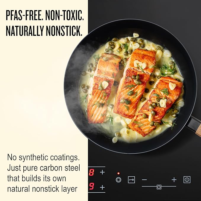 Alva Forest 9.5" Carbon Steel Frying Pan – Naturally Nonstick, Pre-Seasoned, with Acacia Wood Handle, Made Without PTFE, PFOA, PFAS – Sustainable Belgian Design, Induction & All-Stovetop Safe