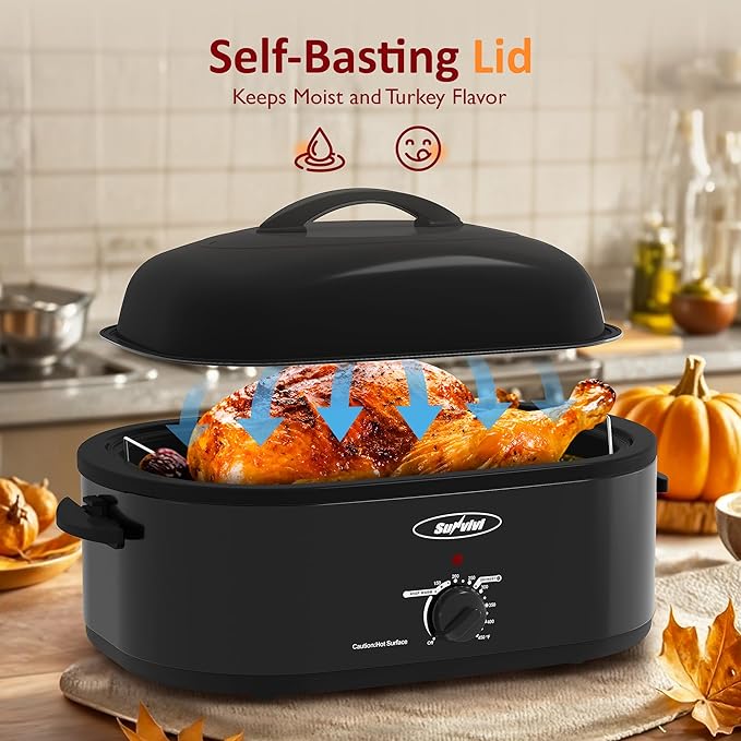 Sunvivi 18-Quart Roaster Oven with Self-Basting Lid, Electric Turkey Roaster Oven with Removable Pan and Rack, Stainless Steel, Black