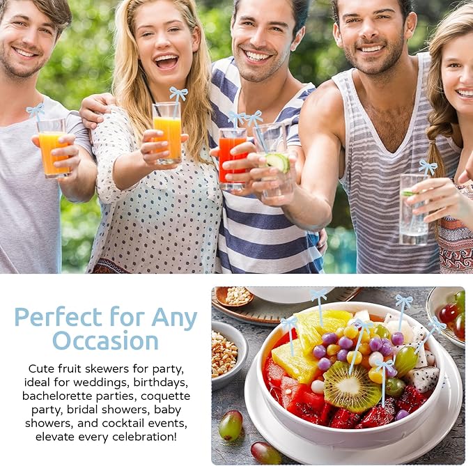 100Pcs Bow Cocktail Picks Party Toothpicks Blue Plastic Fruit Skewers Christmas Bow Drink Stirrers Cupcake Toppers Fancy Toothpick for Appetizers Drinks Wedding Coquette Birthday Bow Party Decor