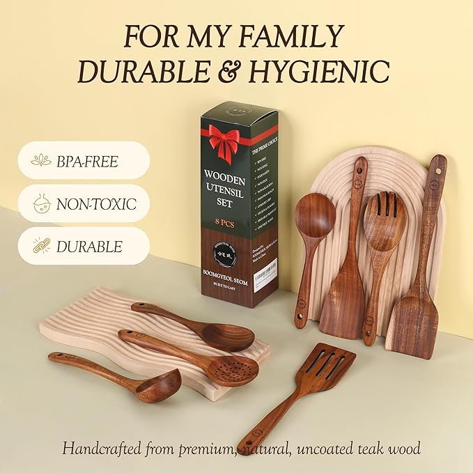 Wooden Spoons for Cooking – 8-Piece Teak Wood Cookware Utensil Set with Smooth Finish – Non-Stick, Comfortable Grip – Durable, Heat Resistant Kitchen Utensils