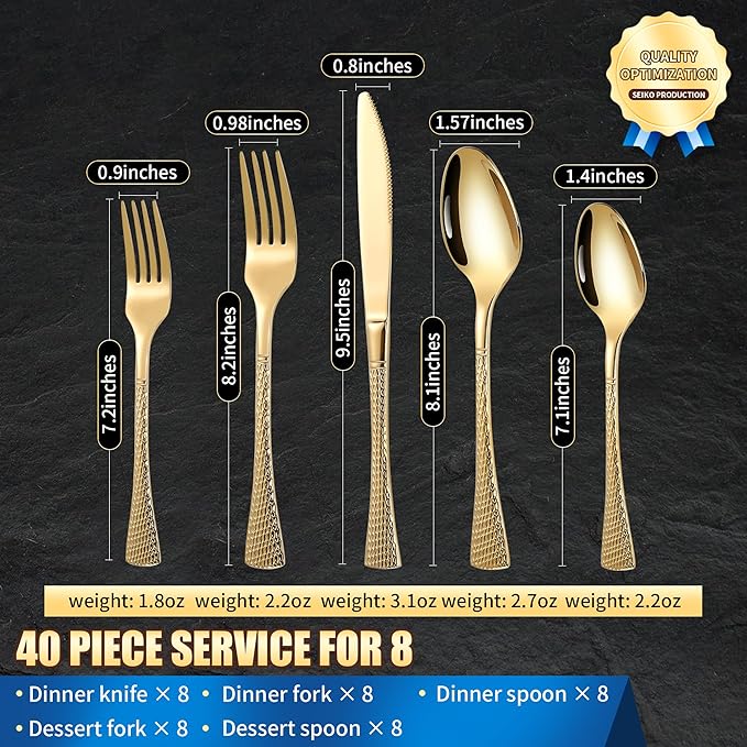 Lemeya Hammered Gold Silverware Set for 8,Stainless Steel 40-Piece Modern Cutlery Set,Mirror Polished Heavy Duty Flatware Set Utensil Set,Knives Spoons and Forks Set,Dishwasher Safe