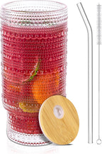 16 Oz Glass Cup with Lid and Straw, Vintage Embossed Glassware for Whiskey Cocktail Beer, Iced Coffee Cup with Lid, Glass Tumbler (1 PACK)