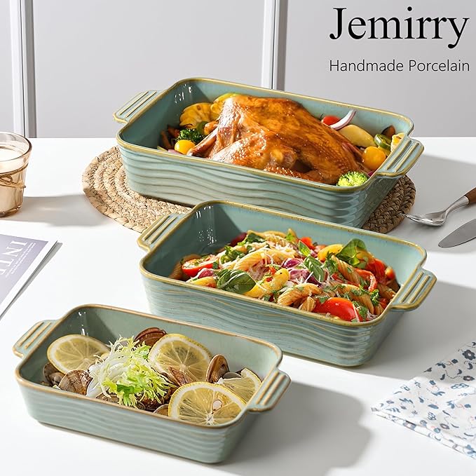 Ceramic Baking Dish Set of 3, Casserole Dishes for Oven, Square Porcelain Bakeware Set with Handles, Lasagna Baking Pan for Cooking, Perfect for Baking and Serving, Housewarming, Halloween, Thanksgiving, Christmas, New Year- Green