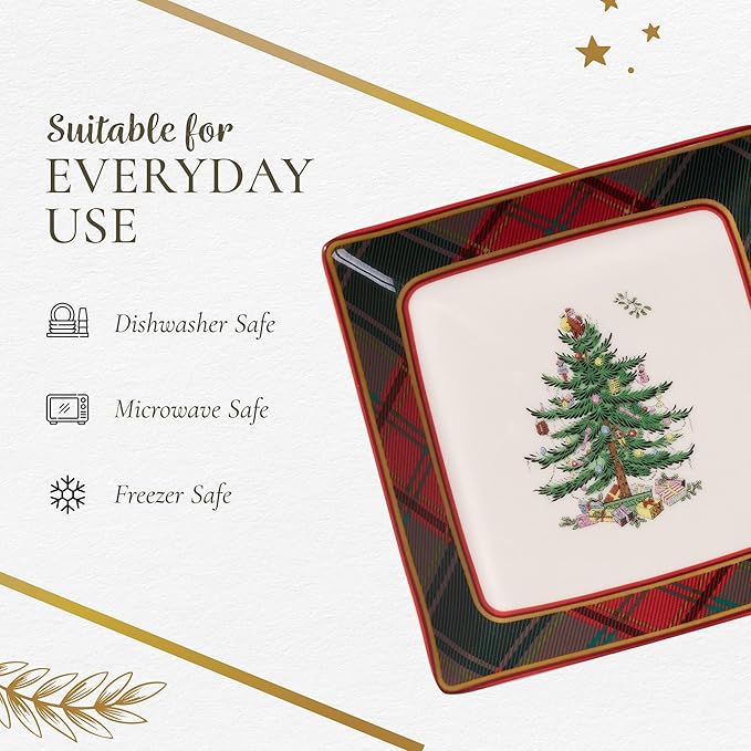 Spode Christmas Tree Tartan Square Tidbit Plates (Set of 4) - 5" Holiday Appetizer Platter for Christmas Entertaining - Traditional Tartan Plaid with Iconic Tree Motif - Microwave and Dishwasher Safe