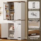 IRONCK Farmhouse Kitchen Pantry Cabinet, Tall Storage Cabinet with 6 Hanging Shelves and Adjustable Shelves, Freestanding Cupboard with Barn Doors for Kitchen, Dining Room， White/Walnut