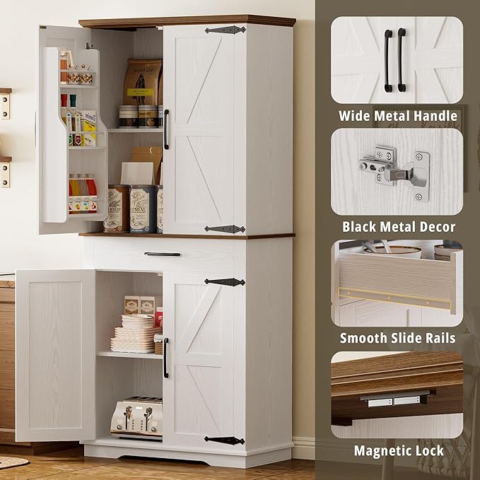IRONCK Farmhouse Kitchen Pantry Cabinet, Tall Storage Cabinet with 6 Hanging Shelves and Adjustable Shelves, Freestanding Cupboard with Barn Doors for Kitchen, Dining Room， White/Walnut