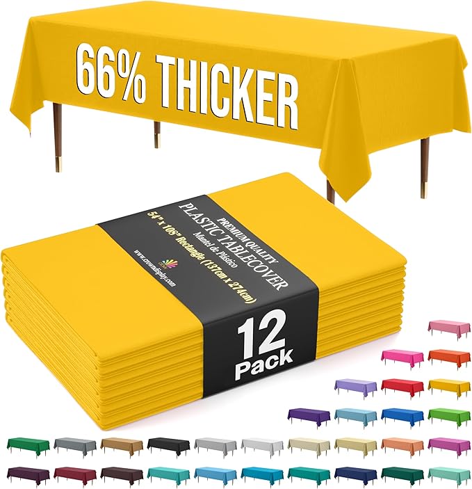 Exquisite 66% Thicker Premium Plastic Table Cloth Rectangle Table Cover 0.5 Mil 12 Pack Yellow Table Cloth 54 Inch x 108 Inch Disposable Tablecloth Won't Tear Easily Like Cheap Thin Brands
