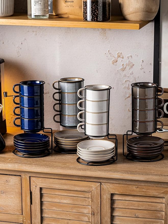 Gomakren 6 Ounce Cappuccino Cups with Saucers and Metal Stand, Stackable Coffee Cup Set of 4, Halloween Porcelain Espresso Cups for Coffee Drinks, Cappuccino, Latte, Americano, Tea, Gray