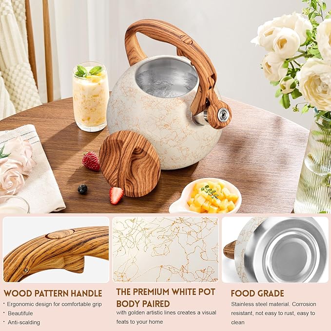 GGC Tea Kettle for Stove Top, Loud Whistling Kettle for Boiling Water Coffee or Milk, 3.1 Quart Stainless Steel Art Line White Pot with Wood Pattern Handle, Unique Button Control Outlet