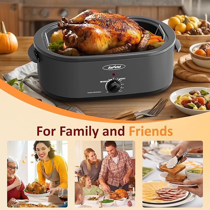 Sunvivi 20-Quart Roaster Oven with Self-Basting Lid, Electric Turkey Roaster Oven with Removable Pan and Rack, Stainless Steel, Grey