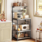 SUPERJARE Kitchen Bakers Rack with Power Outlet, Coffee Bar Table 4 Tiers, Kitchen Microwave Stand with 6 S-Shaped Hooks, Kitchen Storage Shelf Rack for Spices, Pots and Pans - Greige