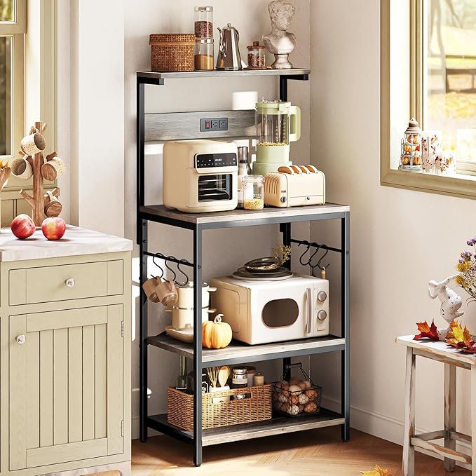 SUPERJARE Kitchen Bakers Rack with Power Outlet, Coffee Bar Table 4 Tiers, Kitchen Microwave Stand with 6 S-Shaped Hooks, Kitchen Storage Shelf Rack for Spices, Pots and Pans - Greige