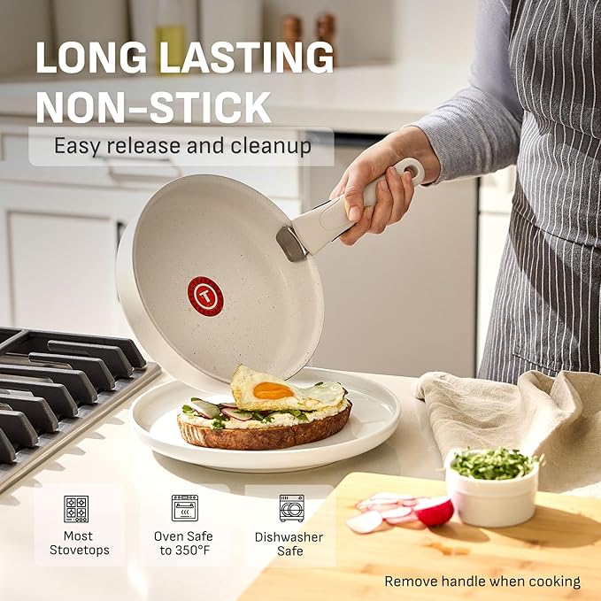 T-fal Ingenio Essentials Cookware Set with Detachable/Removable Handle 11 Piece, Granite Titanium Non Stick, Oven Broiler Safe 500F, Stackable, Pots and Pans Set, Frying Pans, Dishwasher Safe, Beige