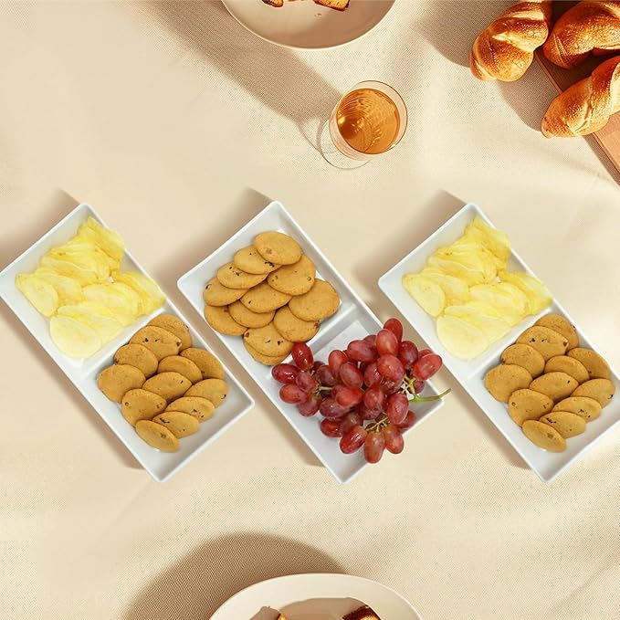 Divided Serving Tray Platter, 4 Pack 10" x 5" Fruit Veggie Food Tray for Party, Plastic Serving Trays for Appetizer, Snack, Dessert, Cookie, Brunch Decorations Platters, White Trays BPA-Free