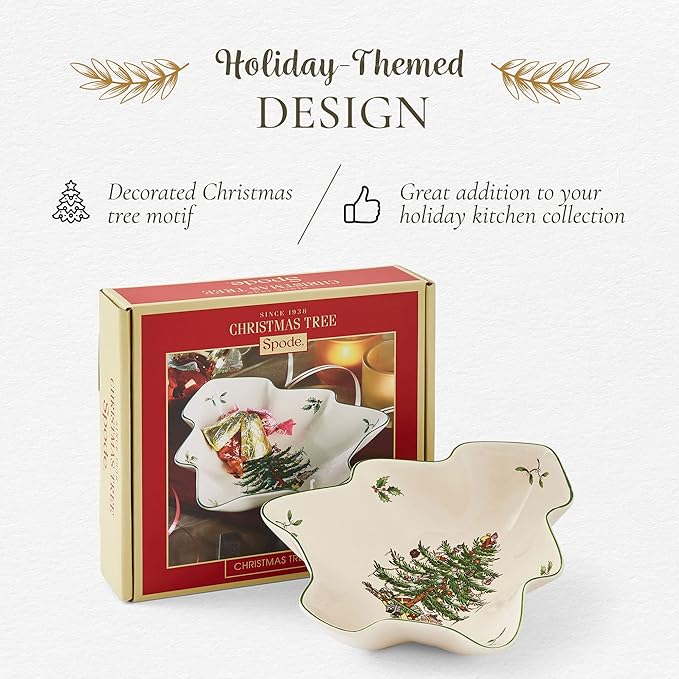Spode Christmas Tree Serving Dish, 9-inch Tree-Shaped Bowl, Fine Earthenware, Dishwasher Safe, Decorative Christmas Serveware, Festive Tableware, Holiday Entertaining, Christmas Home Décor