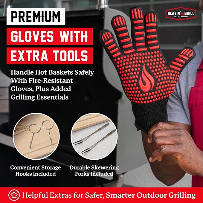 BLAZIN' GRILL Rolling Grill Basket with Removable Handle | 2 x Grilling Basket & Smoker Accessories | Grill Baskets for Outdoor Grill with BBQ Gloves | Barbecue Grill Baskets for Vegetables, Seafood & Meat