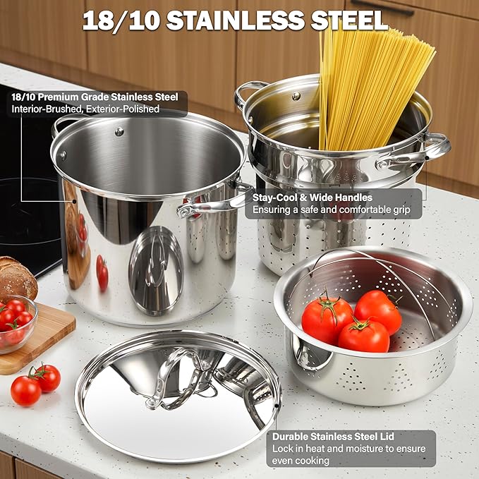 Cooks Standard Pasta Pot 18/10 Stainless Steel 12 Quart, Spaghetti Cooker Steamer Stock Pot Multipots with Strainer Insert, Stainless Steel Lid, 4-Piece Set