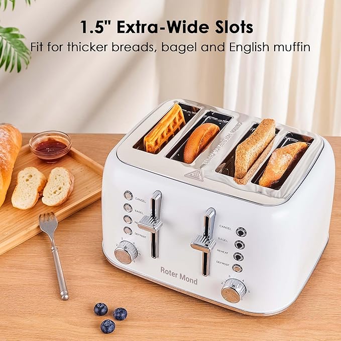 Roter Mond Toaster 4 Slice Retro Stainless Steel with Extra Wide Slots Bagel, Defrost, Reheat Function, Dual Independent Control Panel, Removable Crumb Tray, 6 Browning Levels, White