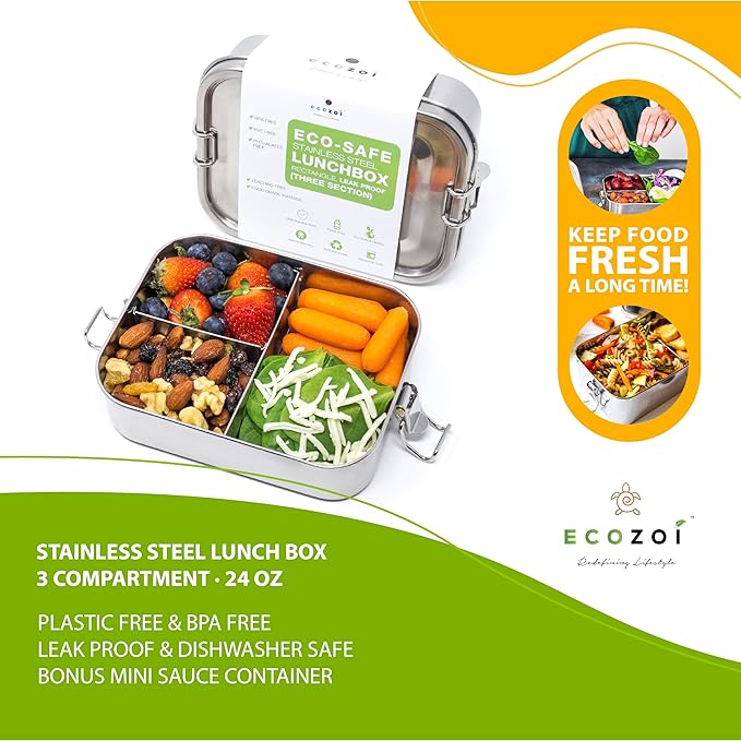 Stainless Steel Lunch Box, Leak Proof Metal Bento Box with 3 Compartments, 24 Oz Bento Box, BPA Free Meal Prep Food Container | Bonus 50 ml Sauce Container