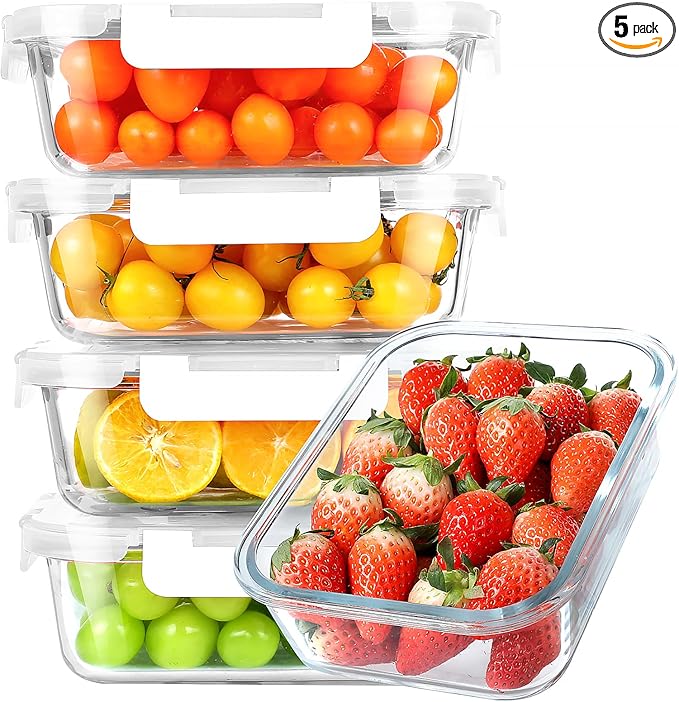 30 oz 5 Pack Glass Meal Prep Containers, Glass Storage Containers with Lids - Dishwahser, Microwave, Oven and Freezer Safe, White