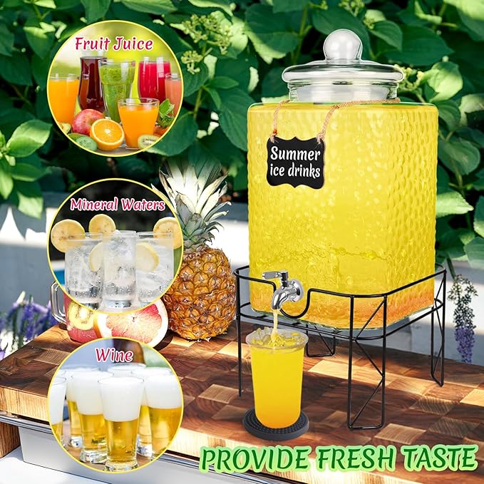 4.6 Gallon Glass Beverage Dispenser with Stand Beverage Dispensers with Ice Cylinder Steel Spigot Hanging Chalkboard Signs Drip Trays Drink Juice Dispenser with Lids for Party Wedding Kitchen