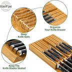 VaeFae Bamboo Knife Drawer Organizer, Knife Drawer Organizer Insert, Kitchen Drawer Knife Block for 12 Knives and a PLUS Slot for your Knife Sharpener (Without Knives)