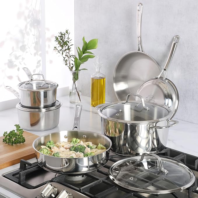 Sur La Table Kitchen Essentials Chef's Deck 10 Piece Stainless Steel Non Toxic Pots and Pans Kitchen Cookware Set w/Triply Encapsulated Base - Induction Safe