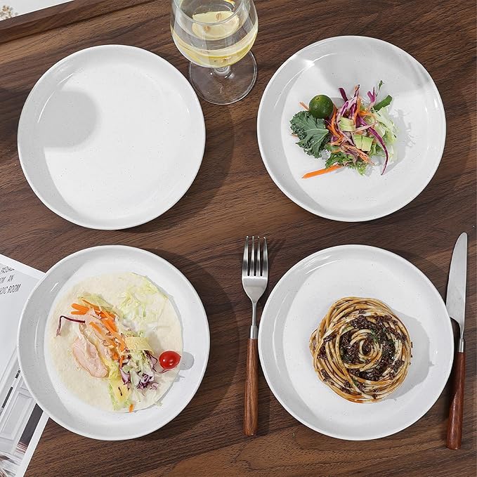 8-Inch Stoneware Dinner Plates - 4 Piece Ceramic Plates for Pasta, Salad, or Appetizers - Microwave and Dishwasher Safe, Plates Set for Casual Dining or Formal Gatherings,White(Grey Bottom)