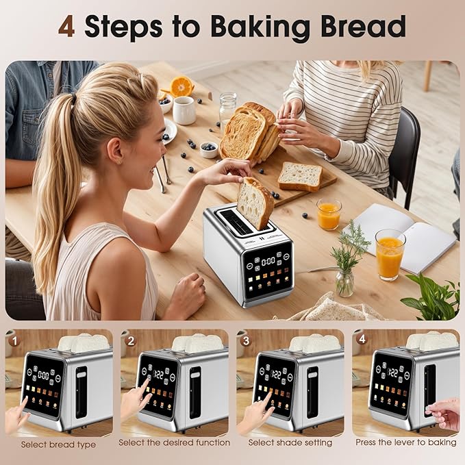 Toaster 2 Slice Wide Slot, Stainless Steel Digital Toasters Best Rated Prime, Touch Screen Toaster for 5 Bread Types/6 Shade Settings/Single Slot Toasting/Memory Function/Defrost/Reheat