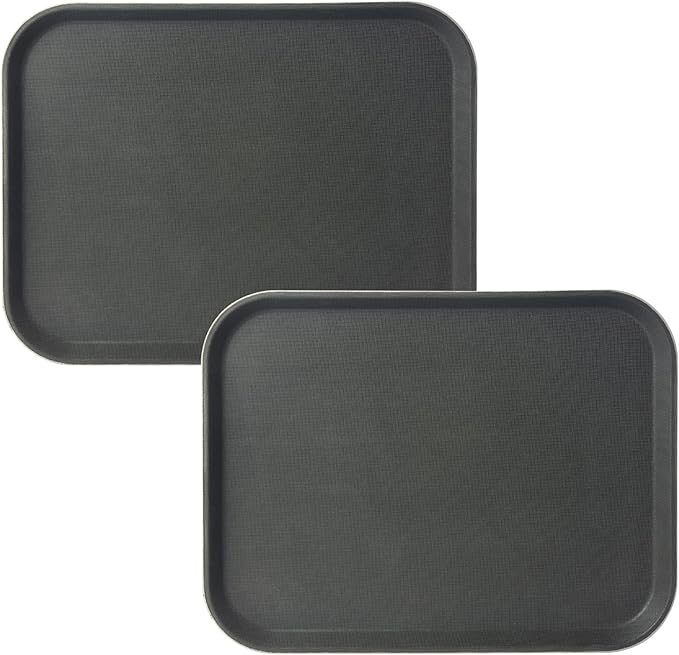 CURTA 2-Pack Restaurant Grade Non-Slip Tray, NSF, 18 Inch x 14 Inch, Plastic Rubber Lined Anti-Skid Rectangular Serving Tray, Black